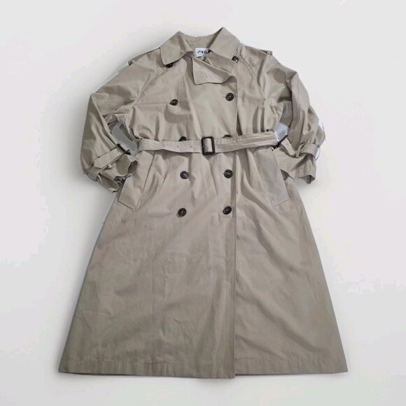 Zara Trench Coat Womens M Beige Belted Long Pockets Buttons Lightweight Preppy - Picture 10 of 16